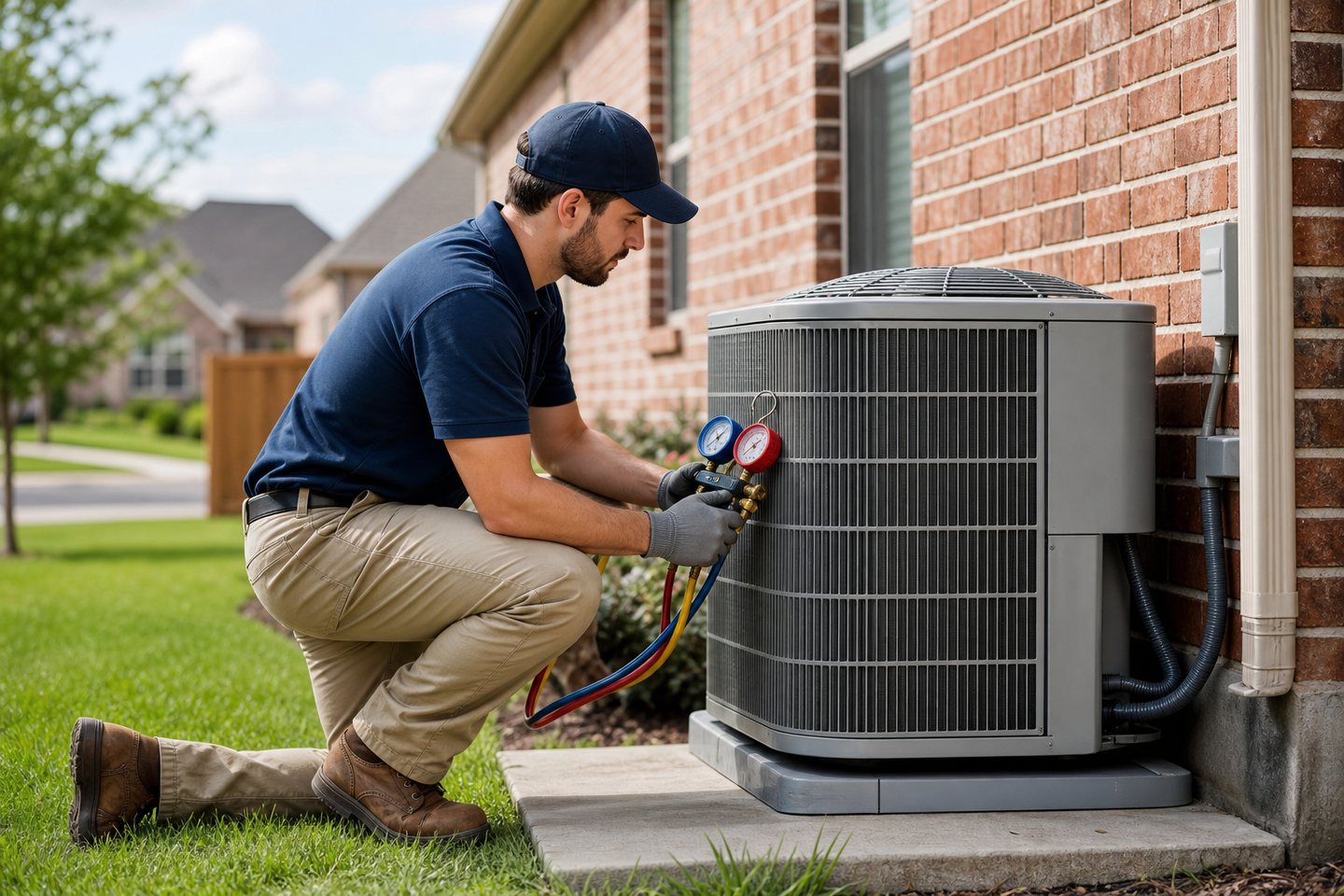 HVAC technician servicing a residential air conditioner in Fort Worth, Texas
